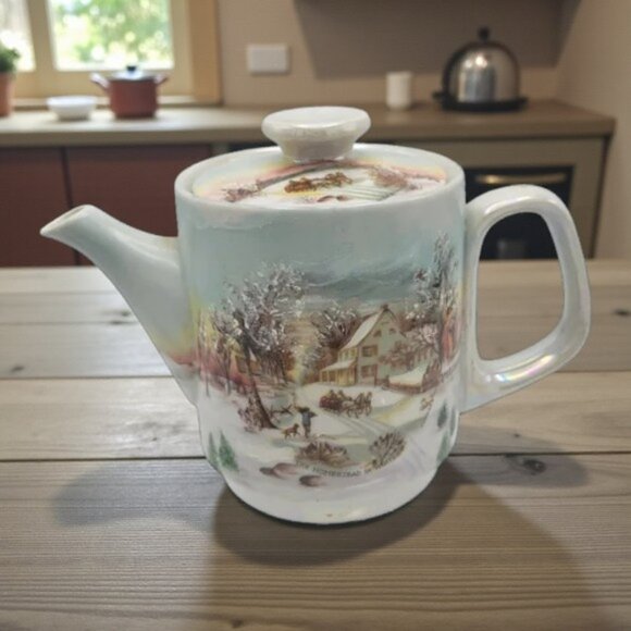 VTG Hand Painted Porcelain Teapot Signed Grace Schultz The Homestead in Winter - Picture 2 of 9